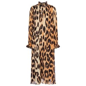 GANNI Leopard Georgette Pleated Midi Dress